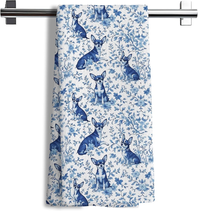 Nipil Chihuahua Dog Gifts for Chinoiserie Floral Decor Kitchen Towels,Blue and White Chihuahua Dog Grandmillennial Decorative Dish Tea Towels for Kitchen Bathroom,16x24 Inch - Image 1